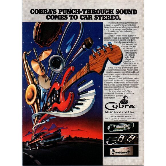 1980 Cobra Car Stereo Vintage Print Ad Electric Guitar Keyboard Trumpet Wall Art - Picture 1 of 1